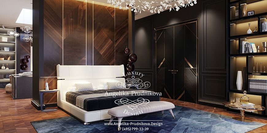Дизайнпроект интерьера спальни с гардеробной в современном стиле на вилле в Куршавеле