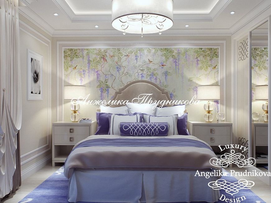 Дизайнпроект интерьера спальни в лиловых оттенках в ЖК Алые Паруса