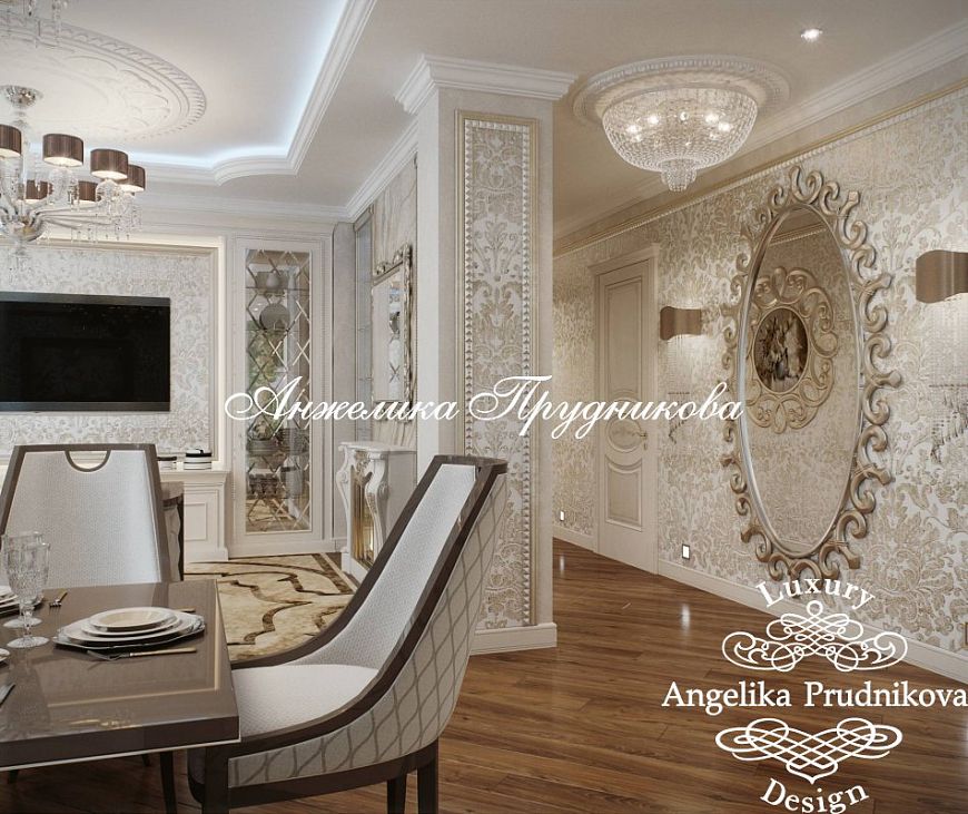 Дизайн квартиры в классическом стиле с белой мебелью на Профсоюзной