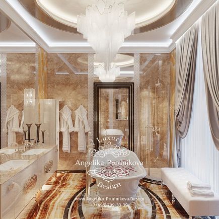 Дизайнпроект интерьера ванной комнаты с ониксом в КП Горки2
