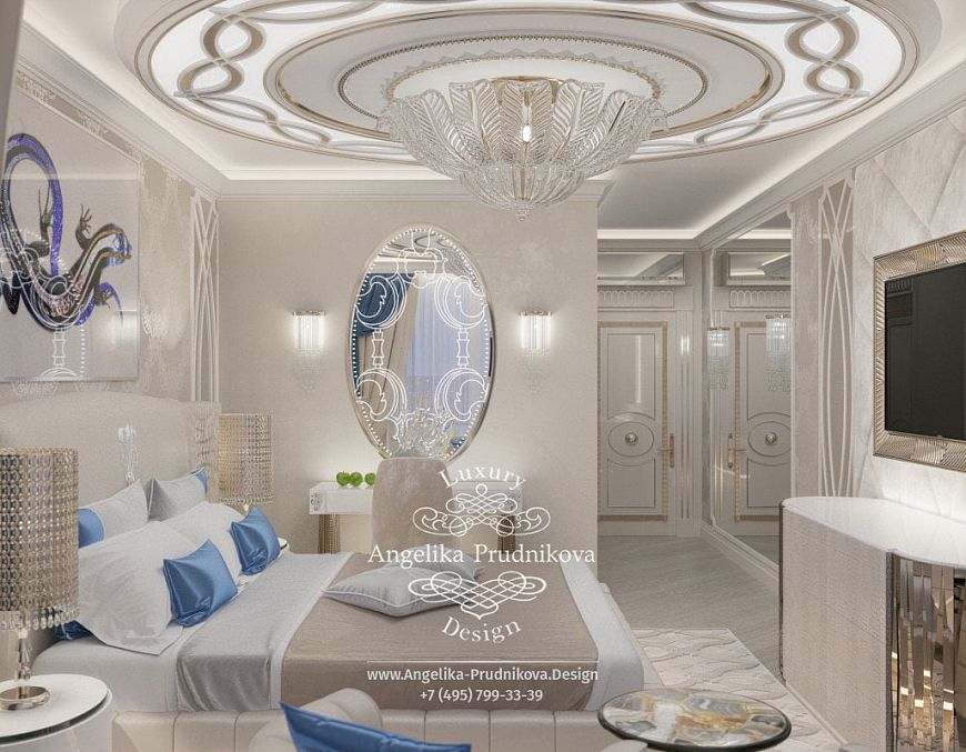 Дизайнпроект интерьера спальни в стиле ардеко в голубых оттенках в ЖК Дубровка
