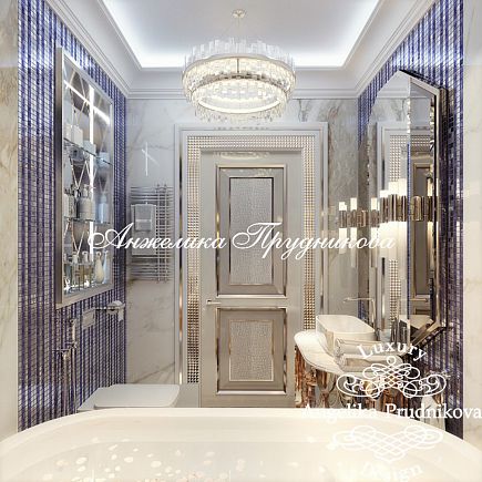 Дизайнпроект интерьера ванной комнаты в лиловых оттенках в ЖК Алые Паруса