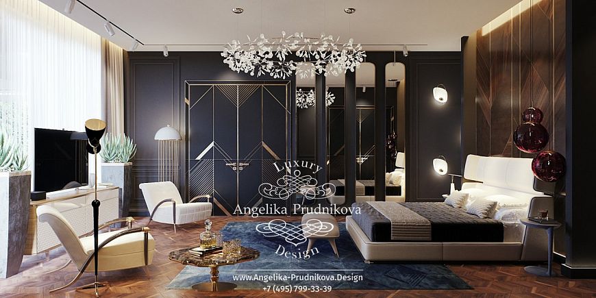 Дизайнпроект интерьера спальни с гардеробной в современном стиле на вилле в Куршавеле