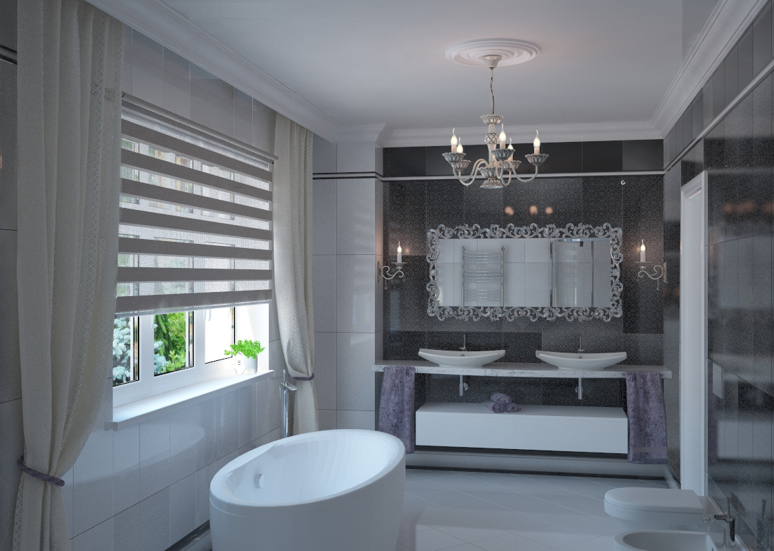 3D интерьера, Ванная комната площадью 11 кв.м. в стиле Классическая. Проект Загородный дом - Во власти сиреневого цвета, Автор проекта: Дизайнеры Наталья Никифорова