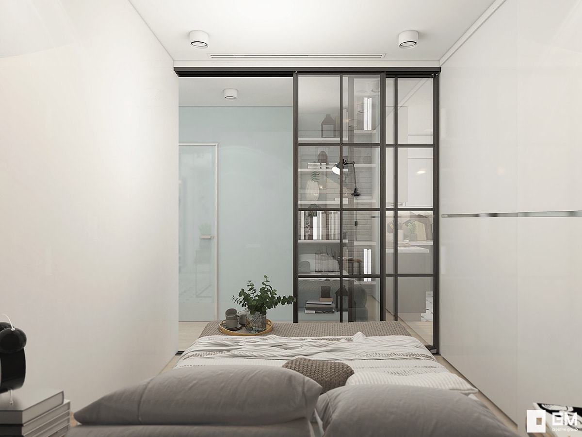 3D интерьера, Спальня площадью 43 кв.м. в стиле Скандинавский. Проект Дизайн компактной и вместительной однокомнатной квартиры в скандинавском стиле - Дизайн однокомнатной квартиры 43 кв. м — всё в одном с открытым характером, Автор проекта: Дизайнеры Gminterior Дизайнстудия