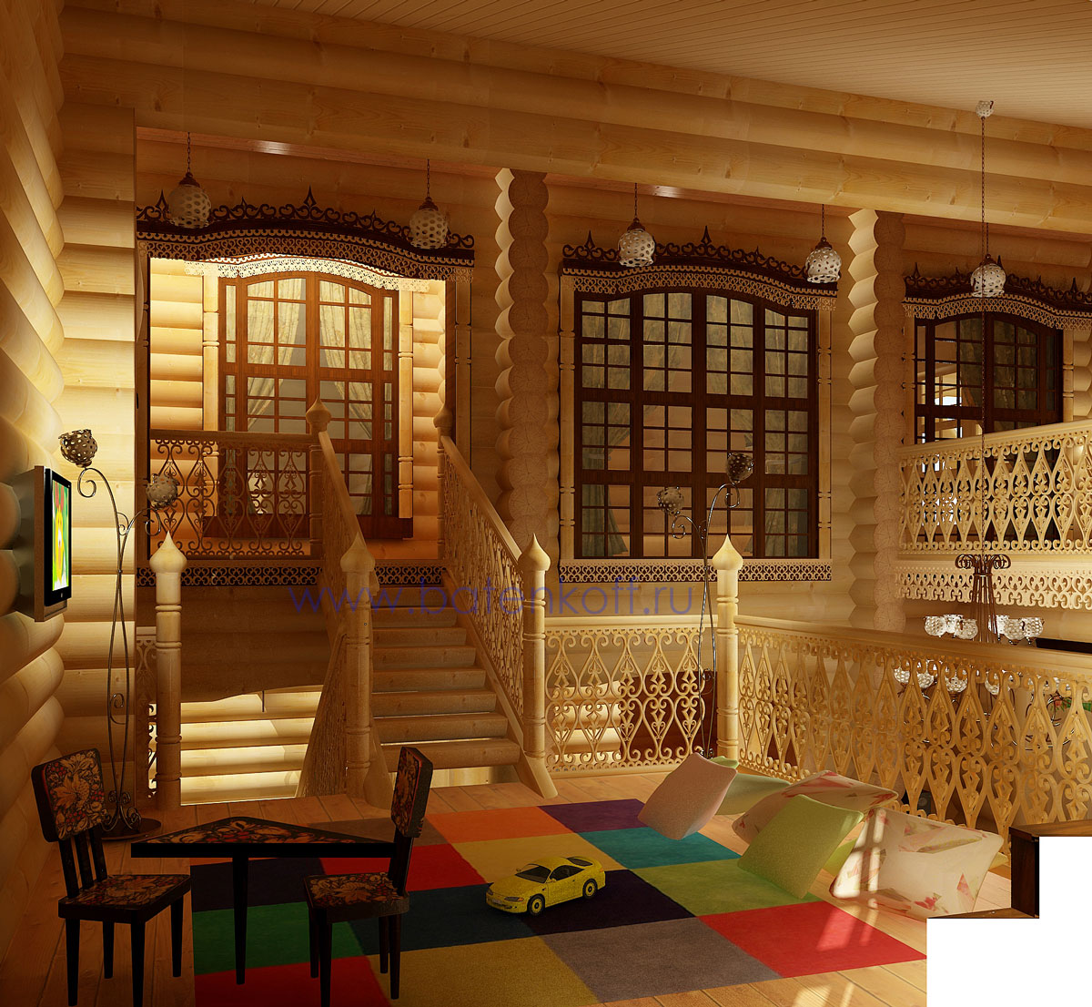 3D интерьера, Зал Проект Зал - Дизайн интерьера бани в русском народном стиле, пос.Палникс, Автор проекта: Дизайнеры Дмитрий Батеньков