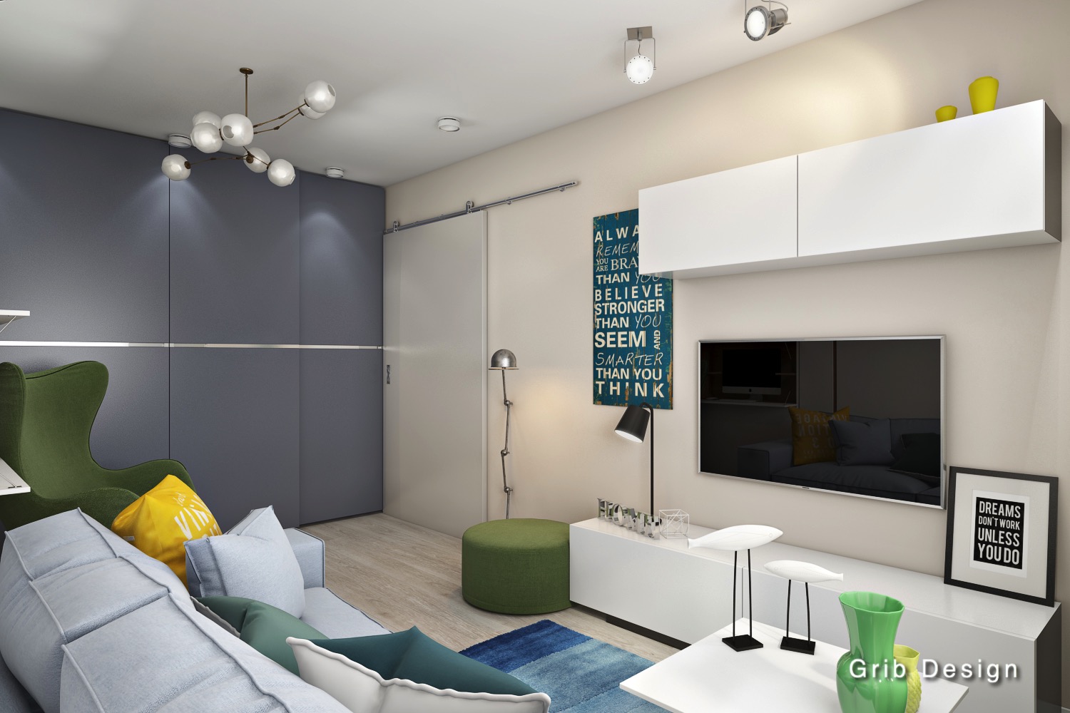 3D интерьера, Гостиная площадью 18 кв.м. Проект Скандинавия - Скандинавия (гостиная - спальня), Автор проекта: Дизайнеры Ася Гриб