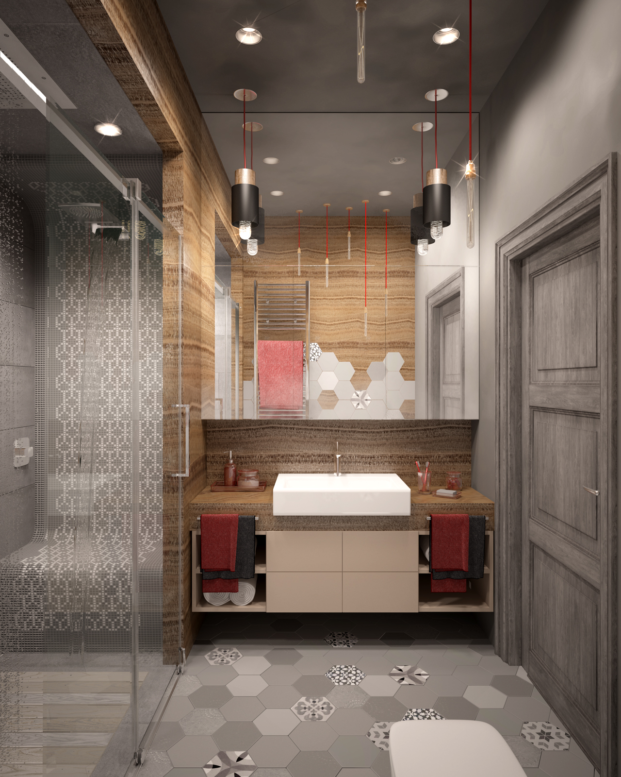 3D интерьера, Ванная комната площадью 5 кв.м. в стиле Шале (Швейцария). Проект Дом в стиле шале. - Дом в стиле шале под Калининградом, Автор проекта: Дизайнеры Анастасия Шперлинг