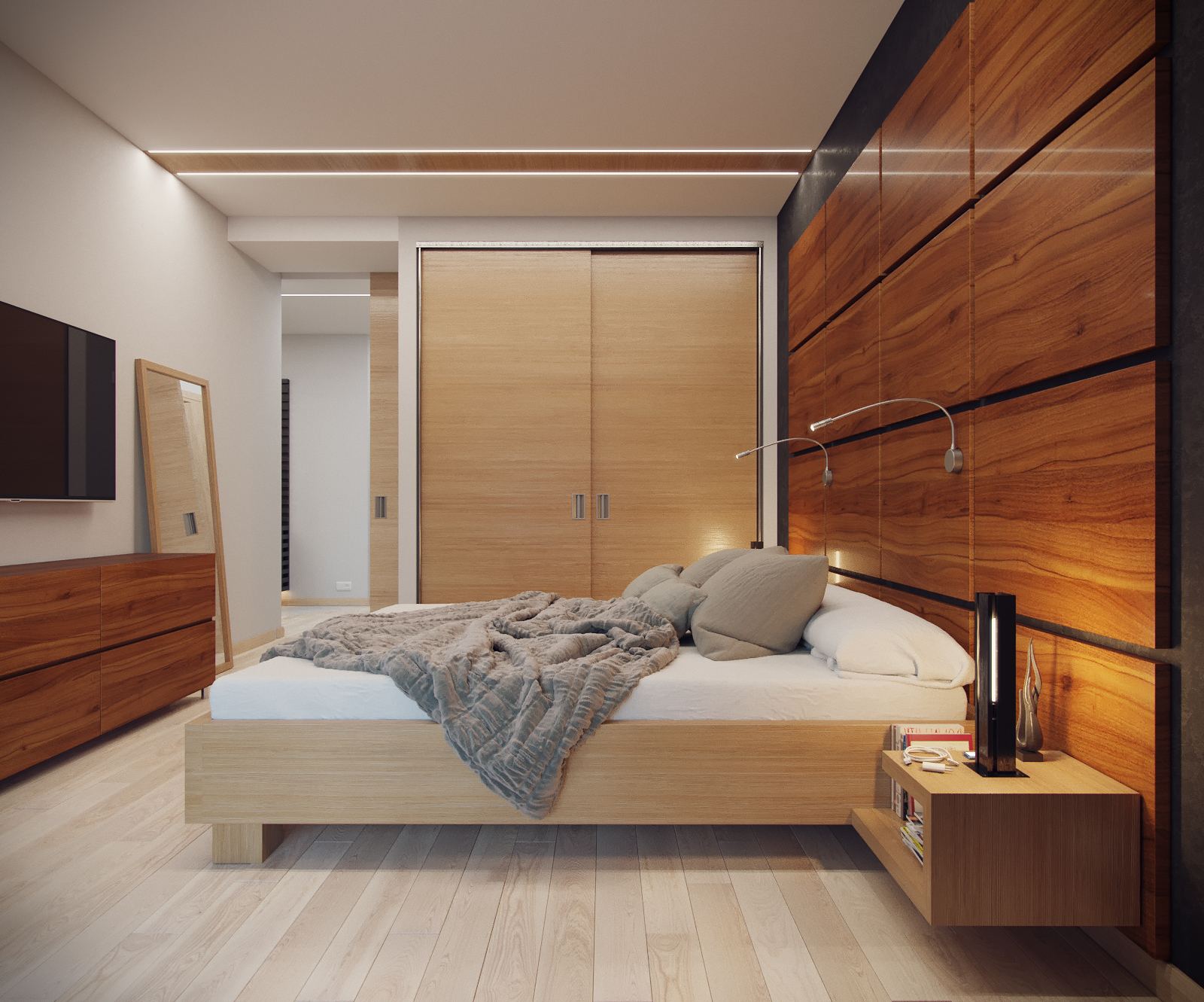 3D интерьера, Спальня площадью 18 кв.м. в стиле Контемпорари (нейтральная стилистика). Проект Спальня для пока еще холостяка - Квартира пока еще холостяка, Автор проекта: Дизайнеры Анастасия Шперлинг