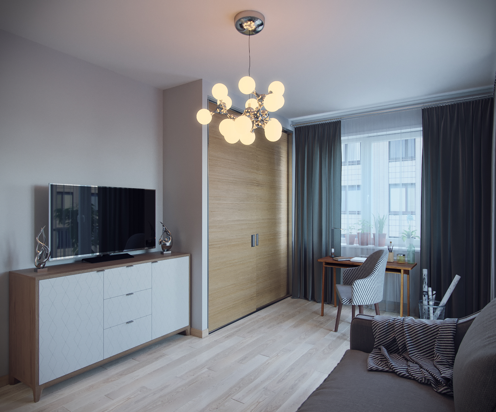 3D интерьера, Гостевая комната площадью 17 кв.м. в стиле Контемпорари (нейтральная стилистика). Проект Гостевея комната - Квартира пока еще холостяка, Автор проекта: Дизайнеры Анастасия Шперлинг