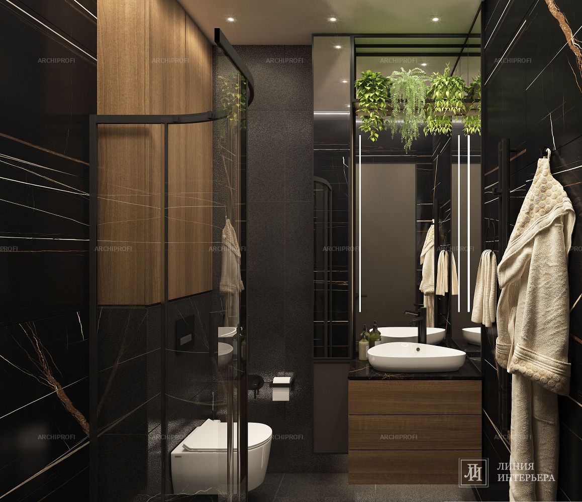 3D интерьера, Ванная комната площадью 3 кв.м. в стиле Современная. Проект Дизайн ванной в темных тонах - ЖК Фили Сити (Filicity), Автор проекта: Дизайнеры Олеся Бирюкова