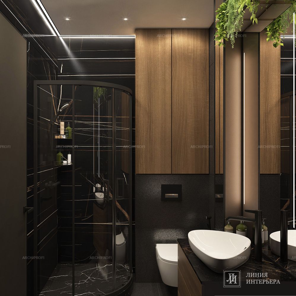 3D интерьера, Ванная комната площадью 3 кв.м. в стиле Современная. Проект Дизайн ванной комнаты в черном цвете - ЖК Фили Сити (Filicity), Автор проекта: Дизайнеры Олеся Бирюкова