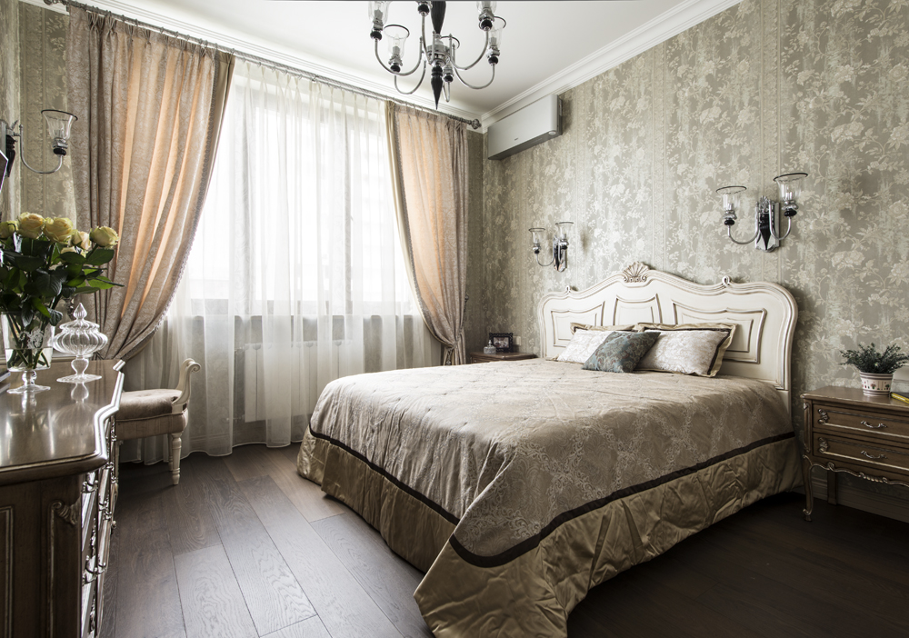 Фото интерьера, Спальня площадью 14 кв.м. в стиле Классическая. Проект Квартира на Ленинском проспекте - Квартира на Ленинском проспекте, Автор проекта: Дизайнеры Светлана Галфаян