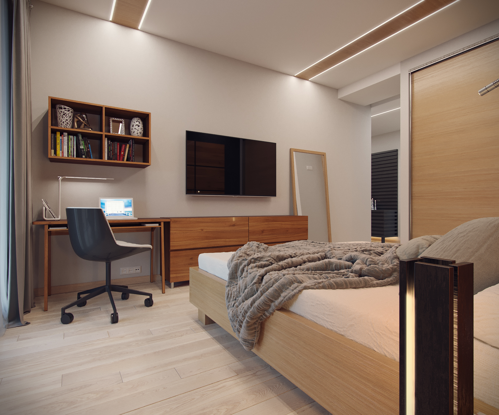 3D интерьера, Спальня площадью 18 кв.м. в стиле Контемпорари (нейтральная стилистика). Проект Спальня для пока еще холостяка - Квартира пока еще холостяка, Автор проекта: Дизайнеры Анастасия Шперлинг