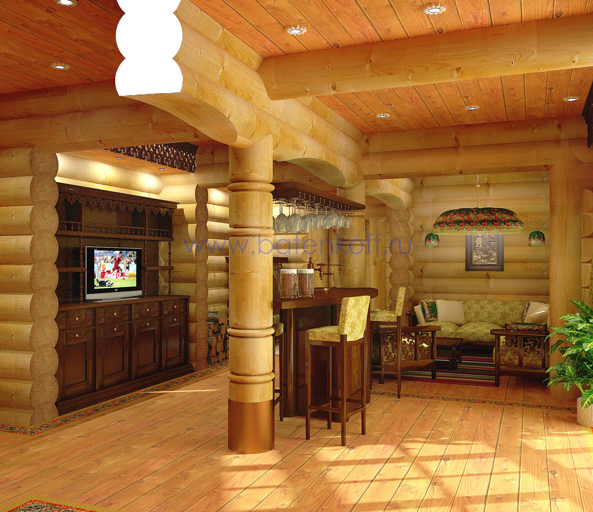 3D интерьера, Комната отдыха Проект Комната отдыха - Дизайн интерьера бани в русском народном стиле, пос.Палникс, Автор проекта: Дизайнеры Дмитрий Батеньков