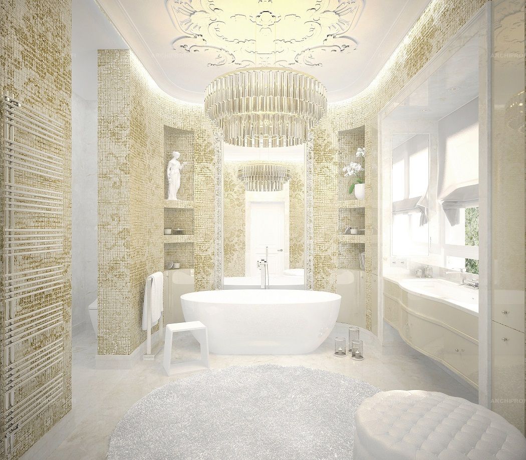 3D интерьера, Ванная комната площадью 500 кв.м. в стиле Неоклассицизм. Проект Коттедж - Коттедж в стиле неоклассика, Автор проекта: Архитекторы Лариса Талис