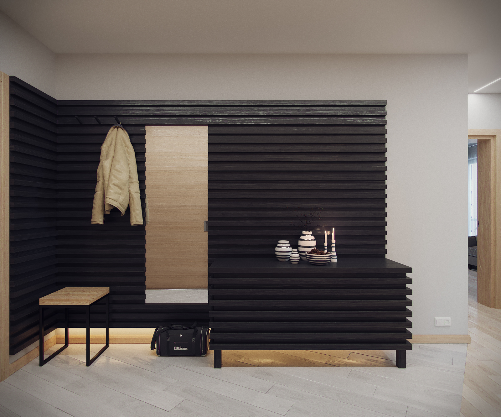 3D интерьера, Прихожая площадью 12 кв.м. в стиле Контемпорари (нейтральная стилистика). Проект Прихожая для пока еще холостяка - Квартира пока еще холостяка, Автор проекта: Дизайнеры Анастасия Шперлинг