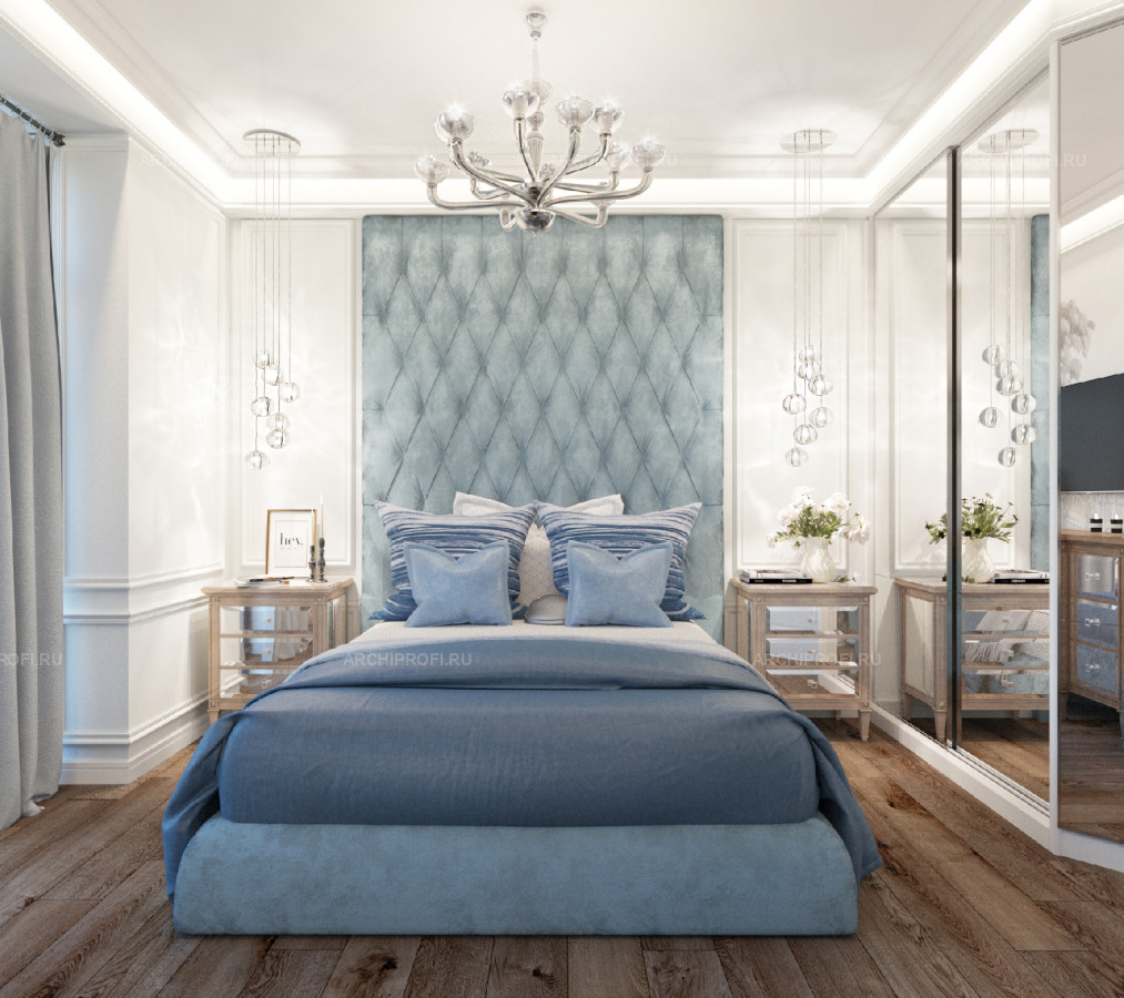 Легкая воздушная спальня в серо-голубой гамме. фото 2