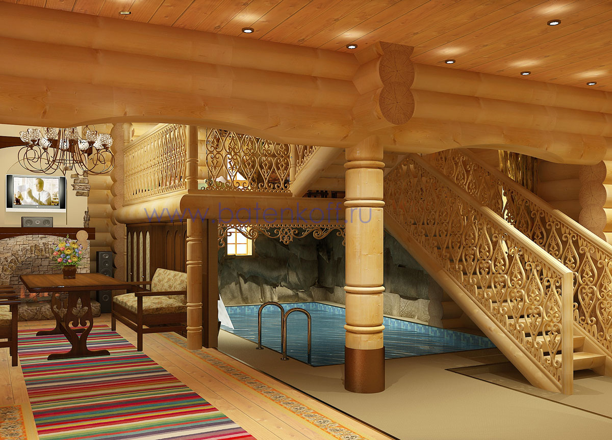 3D интерьера, Зал Проект Зал - Дизайн интерьера бани в русском народном стиле, пос.Палникс, Автор проекта: Дизайнеры Дмитрий Батеньков