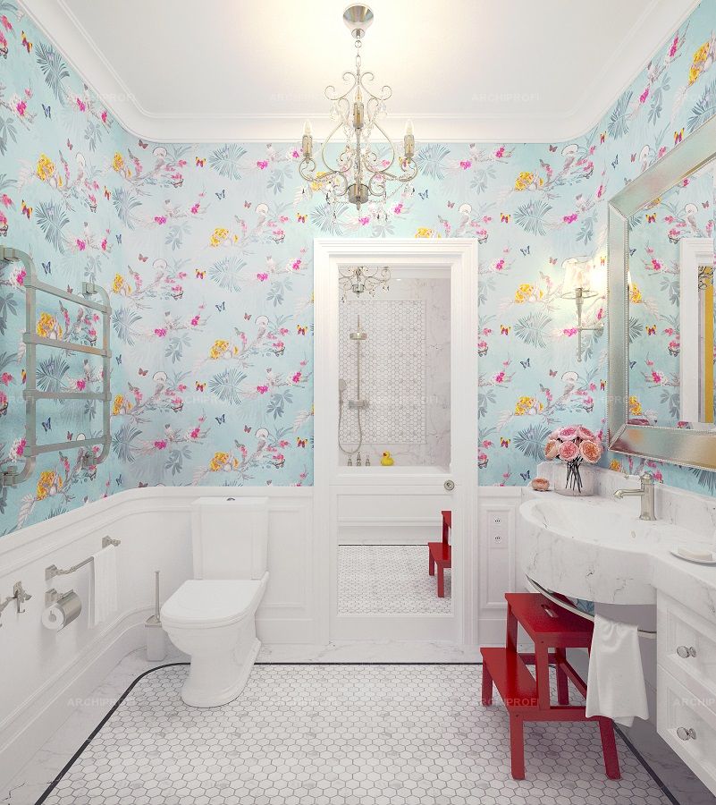 3D интерьера, Детская ванная комната площадью 500 кв.м. в стиле Неоклассицизм. Проект Коттедж - Коттедж в стиле неоклассика, Автор проекта: Архитекторы Лариса Талис