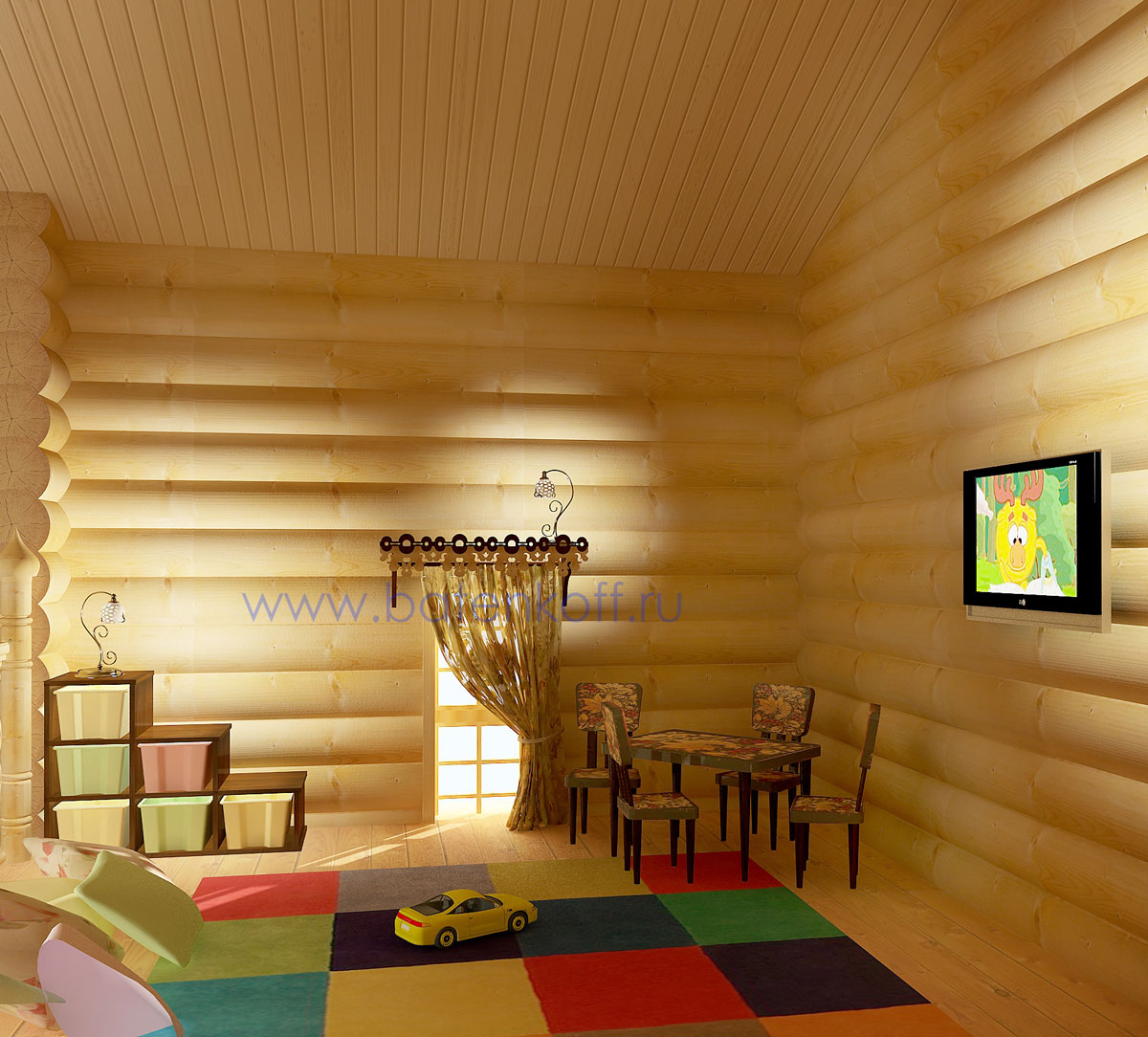 3D интерьера, Зал Проект Зал - Дизайн интерьера бани в русском народном стиле, пос.Палникс, Автор проекта: Дизайнеры Дмитрий Батеньков