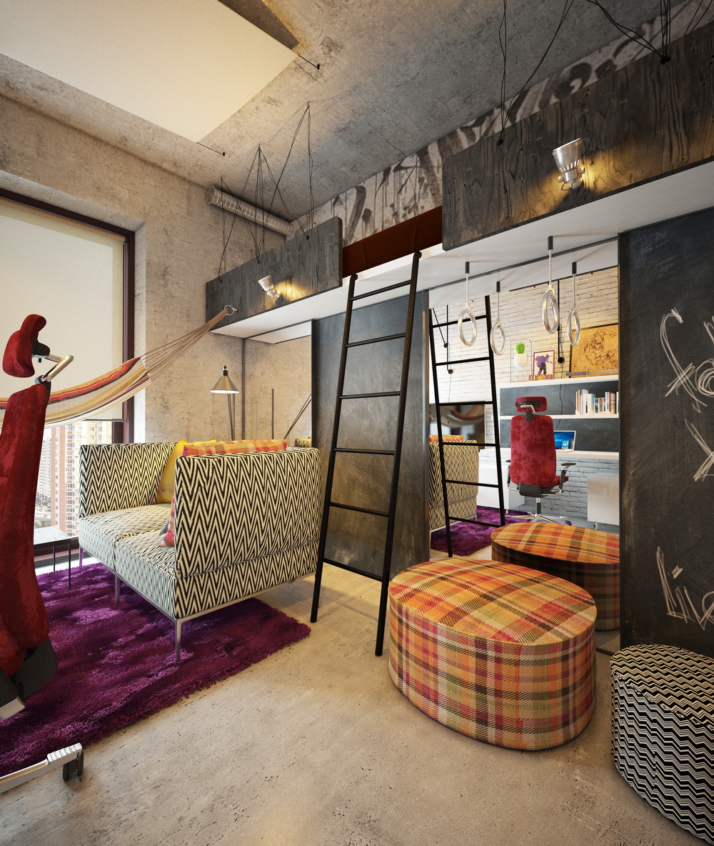 Фото интерьера, Детская комната площадью 15 кв.м. в стиле Лофт/промышленный стиль. Проект 26.12.2015/483202 - Лофт детская, Автор проекта: Дизайнеры Мария Абрамова