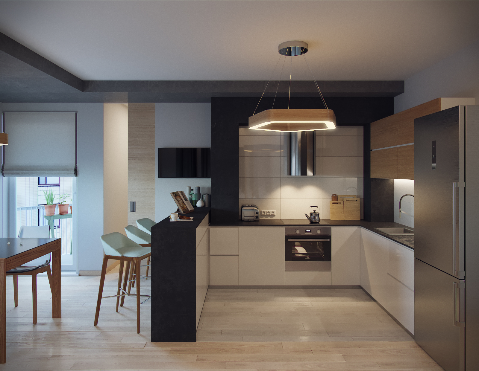 3D интерьера, Кухня площадью 16 кв.м. в стиле Контемпорари (нейтральная стилистика). Проект Кухня для пока еще холостяка - Квартира пока еще холостяка, Автор проекта: Дизайнеры Анастасия Шперлинг