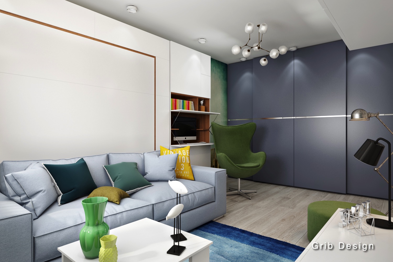 3D интерьера, Гостиная площадью 18 кв.м. в стиле Скандинавский. Проект Скандинавия - Скандинавия (гостиная - спальня), Автор проекта: Дизайнеры Ася Гриб