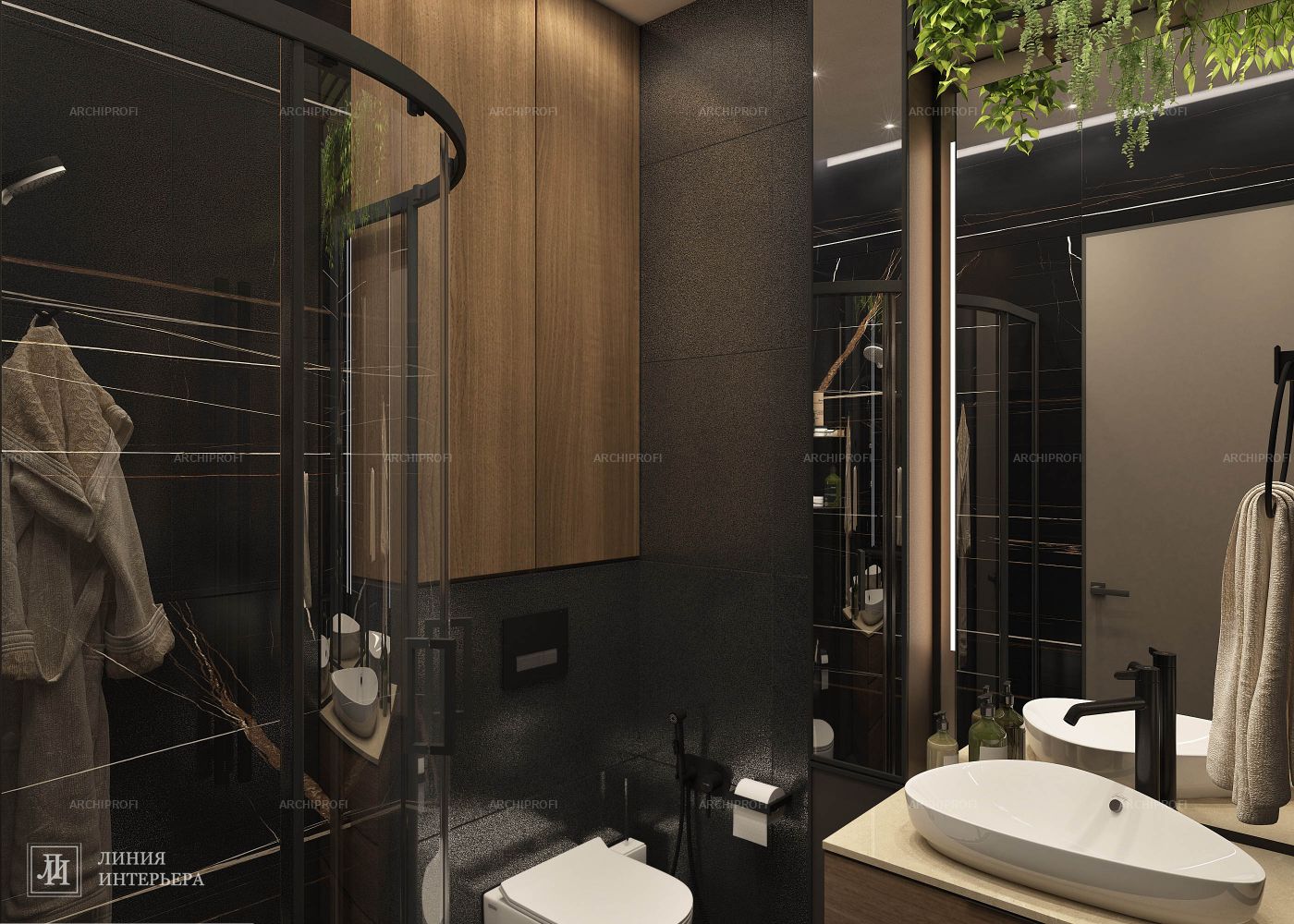 3D интерьера, Ванная комната площадью 4 кв.м. Проект Черная ванная комната - ЖК Фили Сити (Filicity), Автор проекта: Дизайнеры Олеся Бирюкова