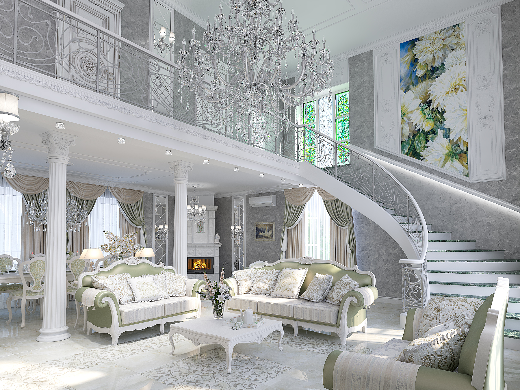 3D интерьера, Гостиная площадью 80 кв.м. в стиле Неоклассицизм. Проект Интерьер гостиной в нео-классике - Из пены морской, Автор проекта: Архитекторы Асия Орлова