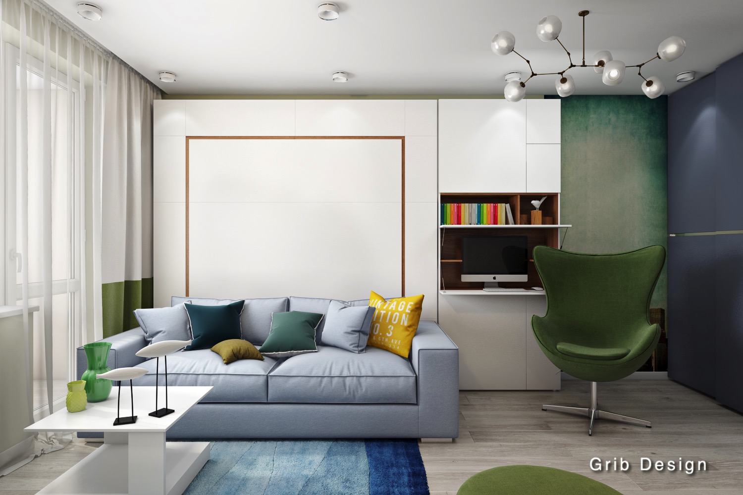 3D интерьера, Гостиная площадью 18 кв.м. в стиле Скандинавский. Проект Скандинавия - Скандинавия (гостиная - спальня), Автор проекта: Дизайнеры Ася Гриб