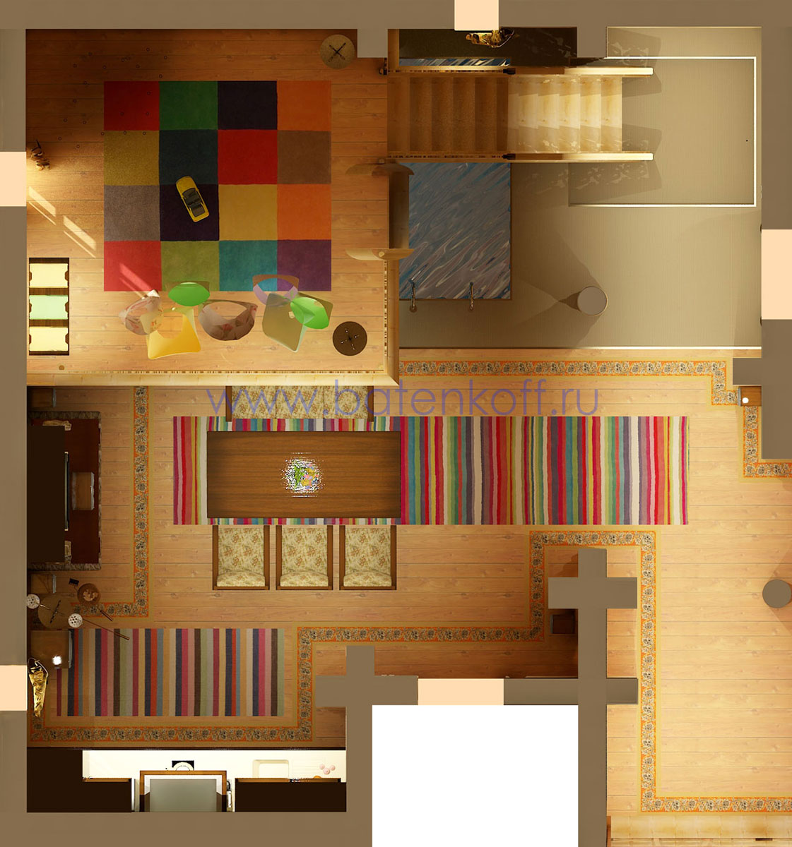 3D интерьера, Зал Проект Зал - Дизайн интерьера бани в русском народном стиле, пос.Палникс, Автор проекта: Дизайнеры Дмитрий Батеньков