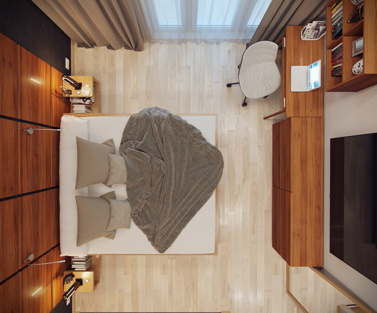 3D интерьера, Спальня площадью 18 кв.м. в стиле Контемпорари (нейтральная стилистика). Проект Спальня для пока еще холостяка - Квартира пока еще холостяка, Автор проекта: Дизайнеры Анастасия Шперлинг