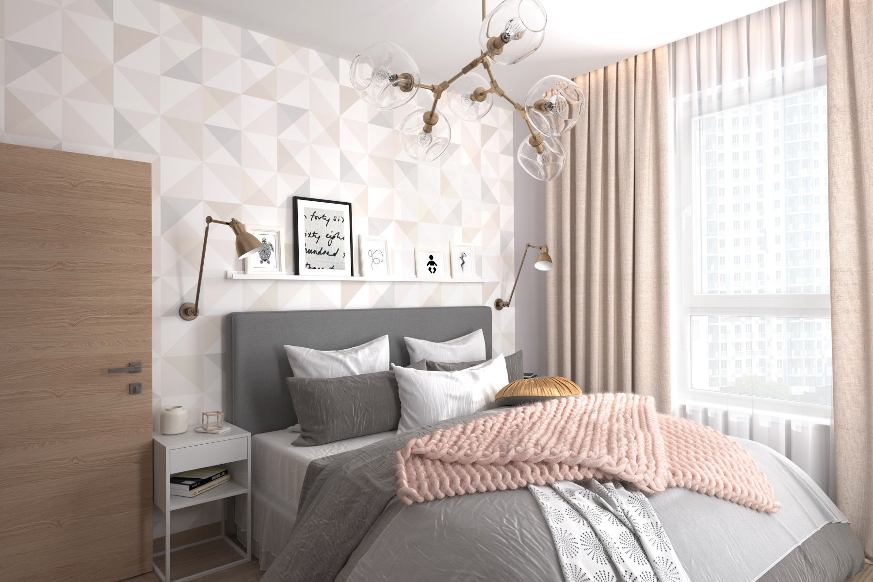 3D интерьера, Спальня площадью 14 кв.м. в стиле Современная. Проект Спальня в современном стиле - Перепланировка двушки, Автор проекта: Дизайнеры Наталья Касик