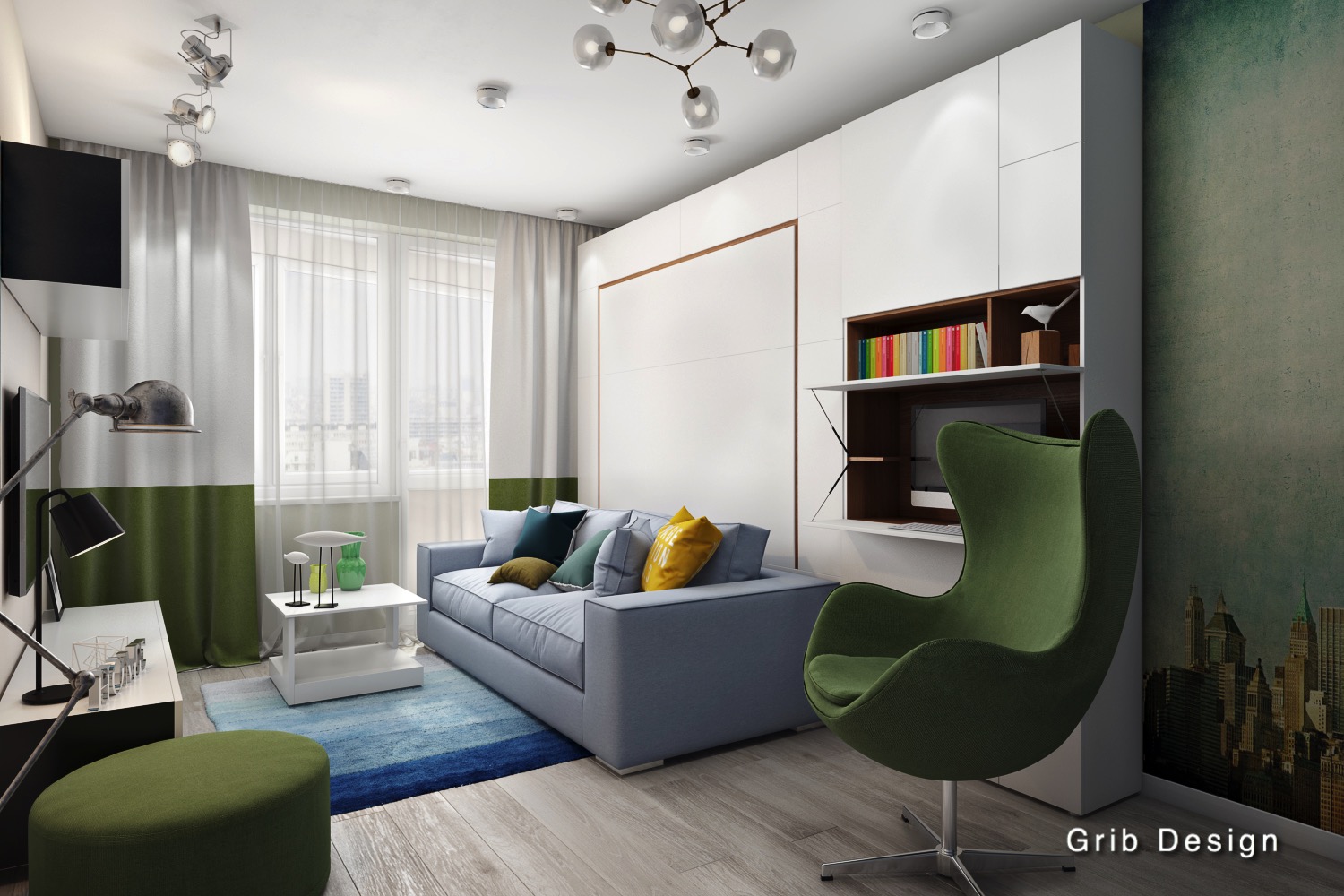 3D интерьера, Гостиная площадью 18 кв.м. в стиле Скандинавский. Проект Скандинавия - Скандинавия (гостиная - спальня), Автор проекта: Дизайнеры Ася Гриб