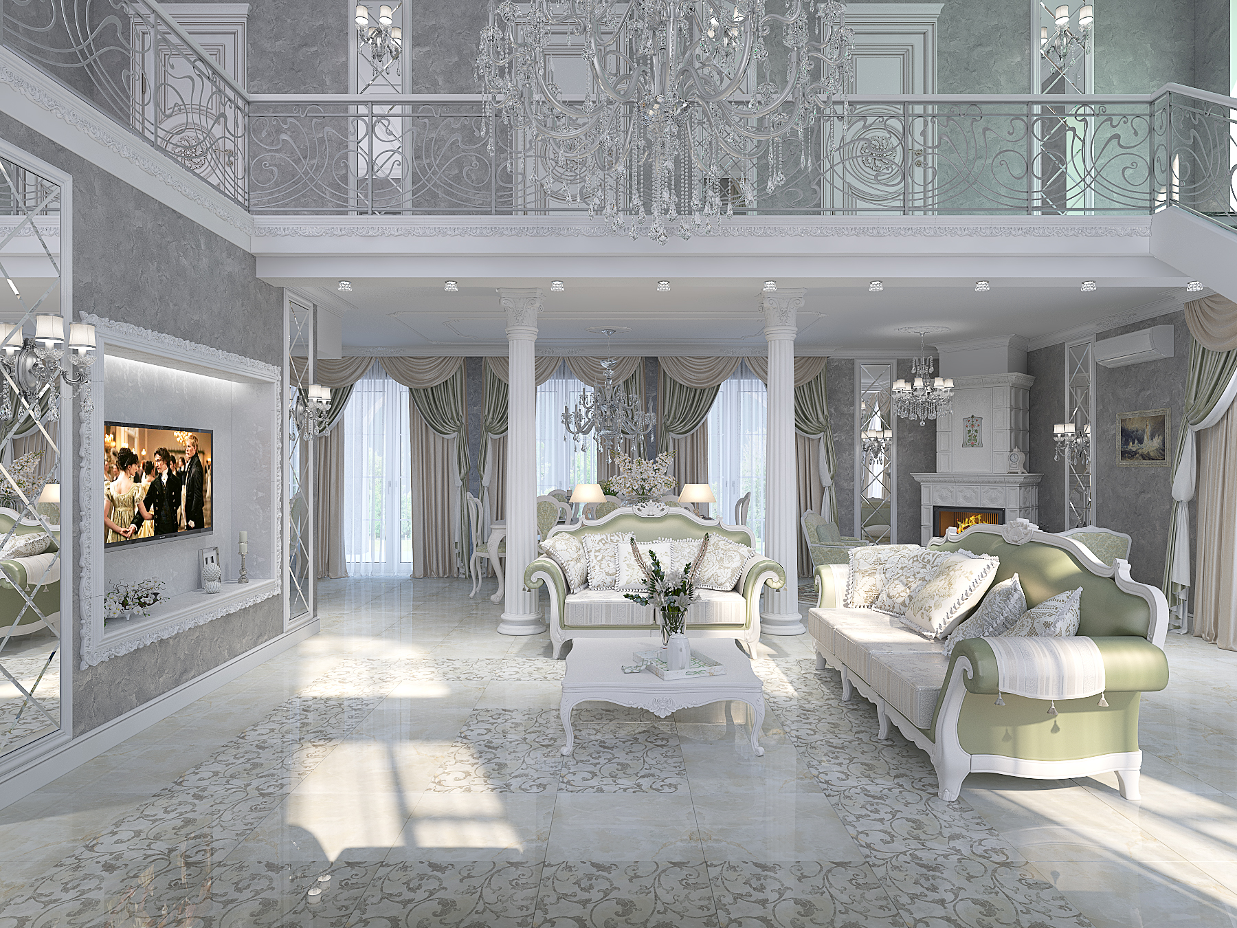 3D интерьера, Гостиная площадью 80 кв.м. в стиле Неоклассицизм. Проект Гостиная - Из пены морской, Автор проекта: Архитекторы Асия Орлова