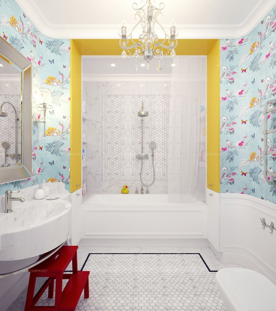 3D интерьера, Детская ванная комната площадью 500 кв.м. в стиле Неоклассицизм. Проект Коттедж - Коттедж в стиле неоклассика, Автор проекта: Архитекторы Лариса Талис