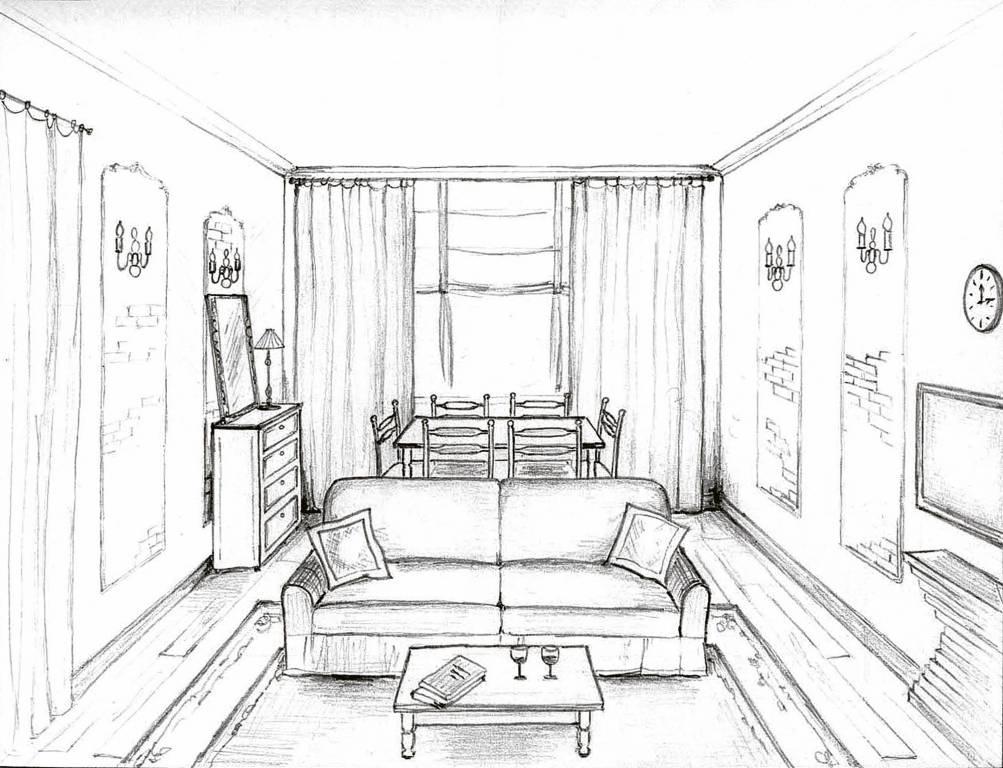 Интерьер карандашом легко. Эскиз комнаты карандашом. Рисунок гостиной комнаты. Гостиная карандашом. Интерьер комнаты в перспективе.
