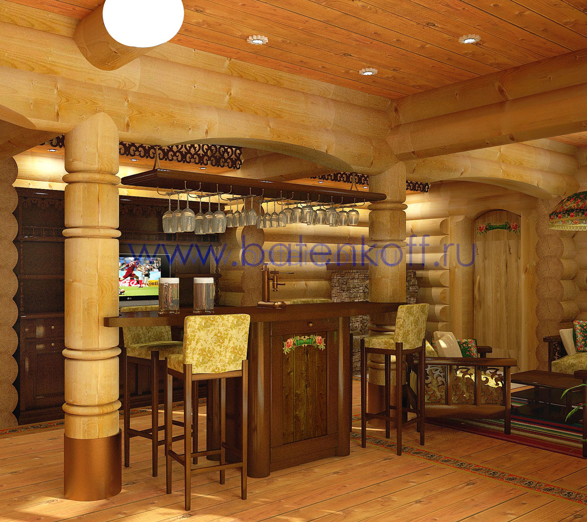 3D интерьера, Комната отдыха Проект Комната отдыха - Дизайн интерьера бани в русском народном стиле, пос.Палникс, Автор проекта: Дизайнеры Дмитрий Батеньков