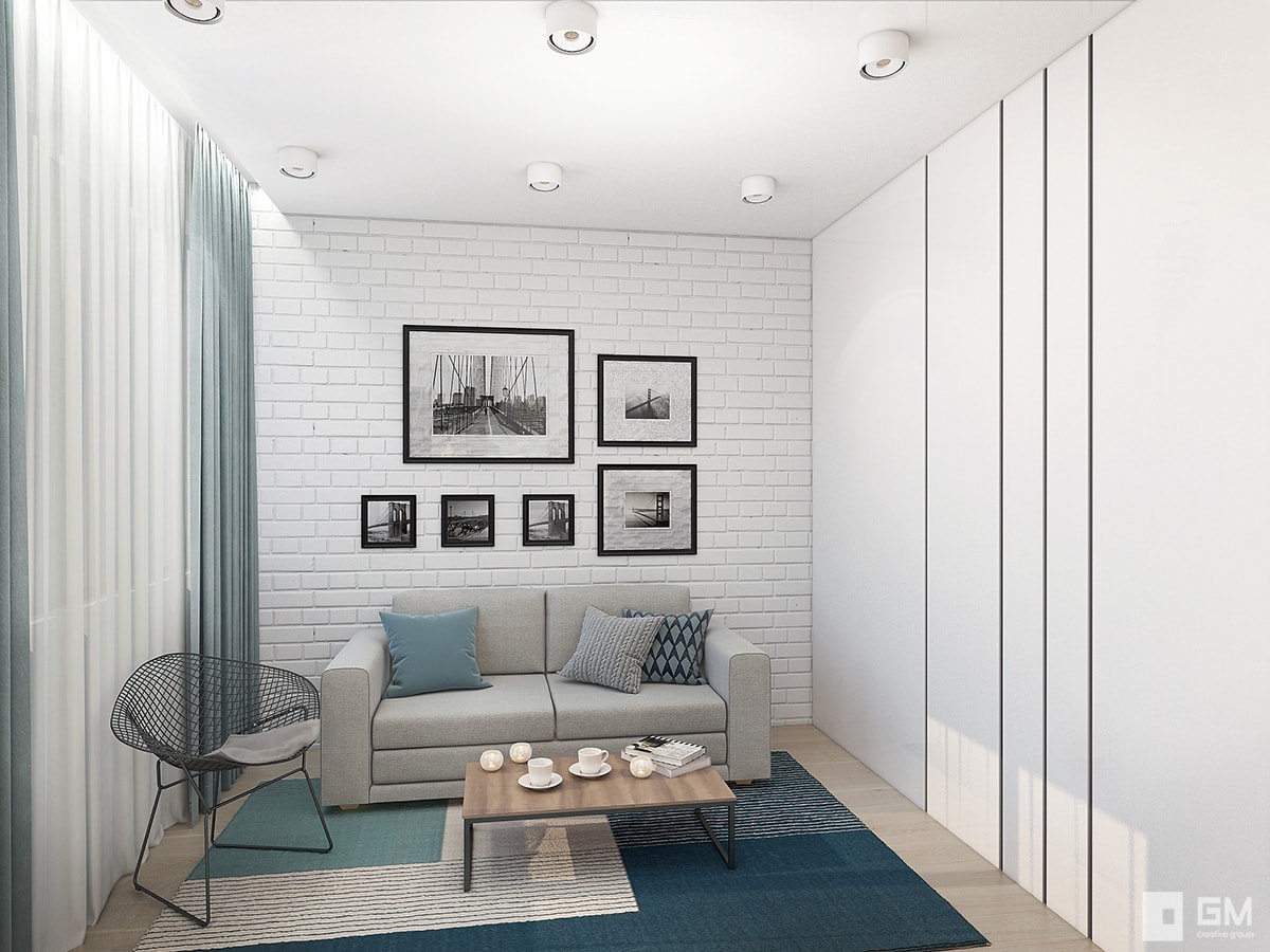 3D интерьера, Гостиная площадью 43 кв.м. в стиле Скандинавский. Проект Дизайн компактной и вместительной однокомнатной квартиры в скандинавском стиле - Дизайн однокомнатной квартиры 43 кв. м — всё в одном с открытым характером, Автор проекта: Дизайнеры Gminterior Дизайнстудия