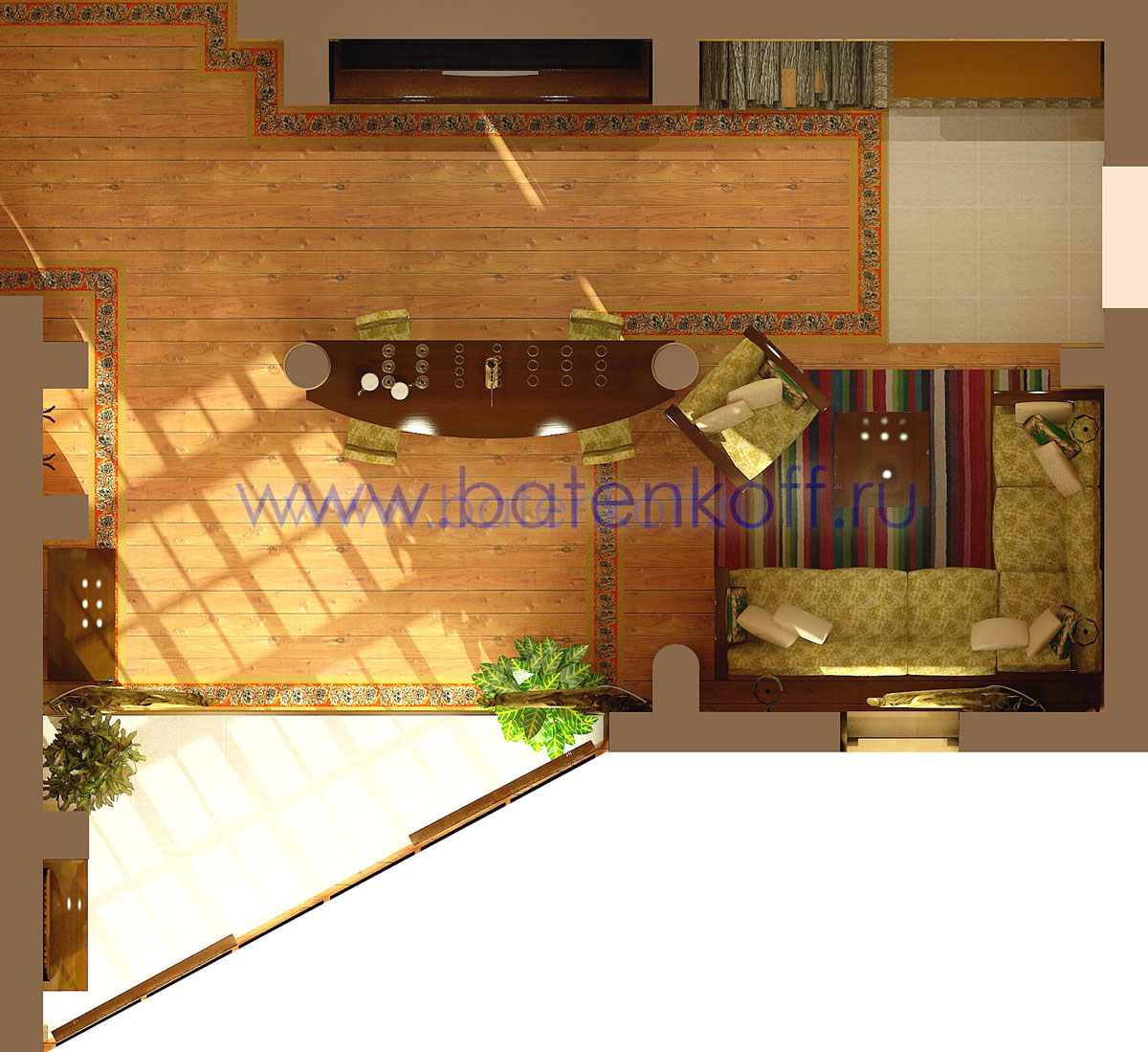 3D интерьера, Комната отдыха Проект Комната отдыха - Дизайн интерьера бани в русском народном стиле, пос.Палникс, Автор проекта: Дизайнеры Дмитрий Батеньков
