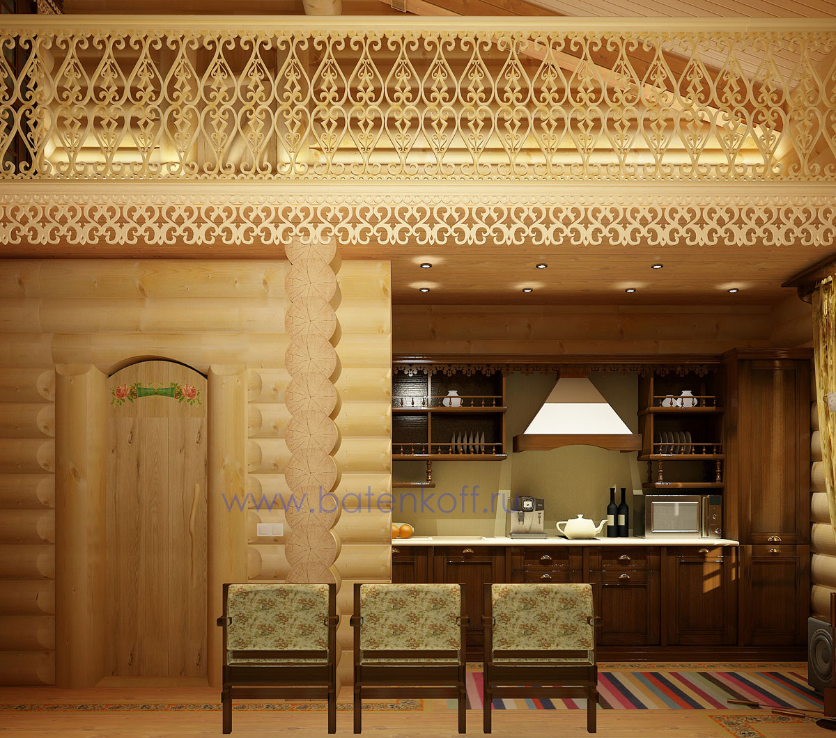 3D интерьера, Зал Проект Зал - Дизайн интерьера бани в русском народном стиле, пос.Палникс, Автор проекта: Дизайнеры Дмитрий Батеньков