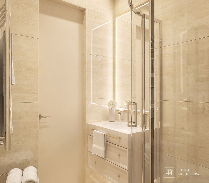 3D интерьера, Ванная комната площадью 2 кв.м. в стиле Современная. Проект Светлый дизайн ванной - ЖК Серебряный Фонтан, Автор проекта: Дизайнеры Олеся Бирюкова