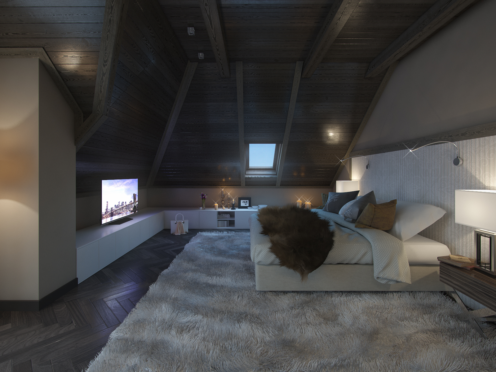 3D интерьера, Спальня площадью 31 кв.м. в стиле Шале (Швейцария). Проект Дом в стиле шале. - Дом в стиле шале под Калининградом, Автор проекта: Дизайнеры Анастасия Шперлинг