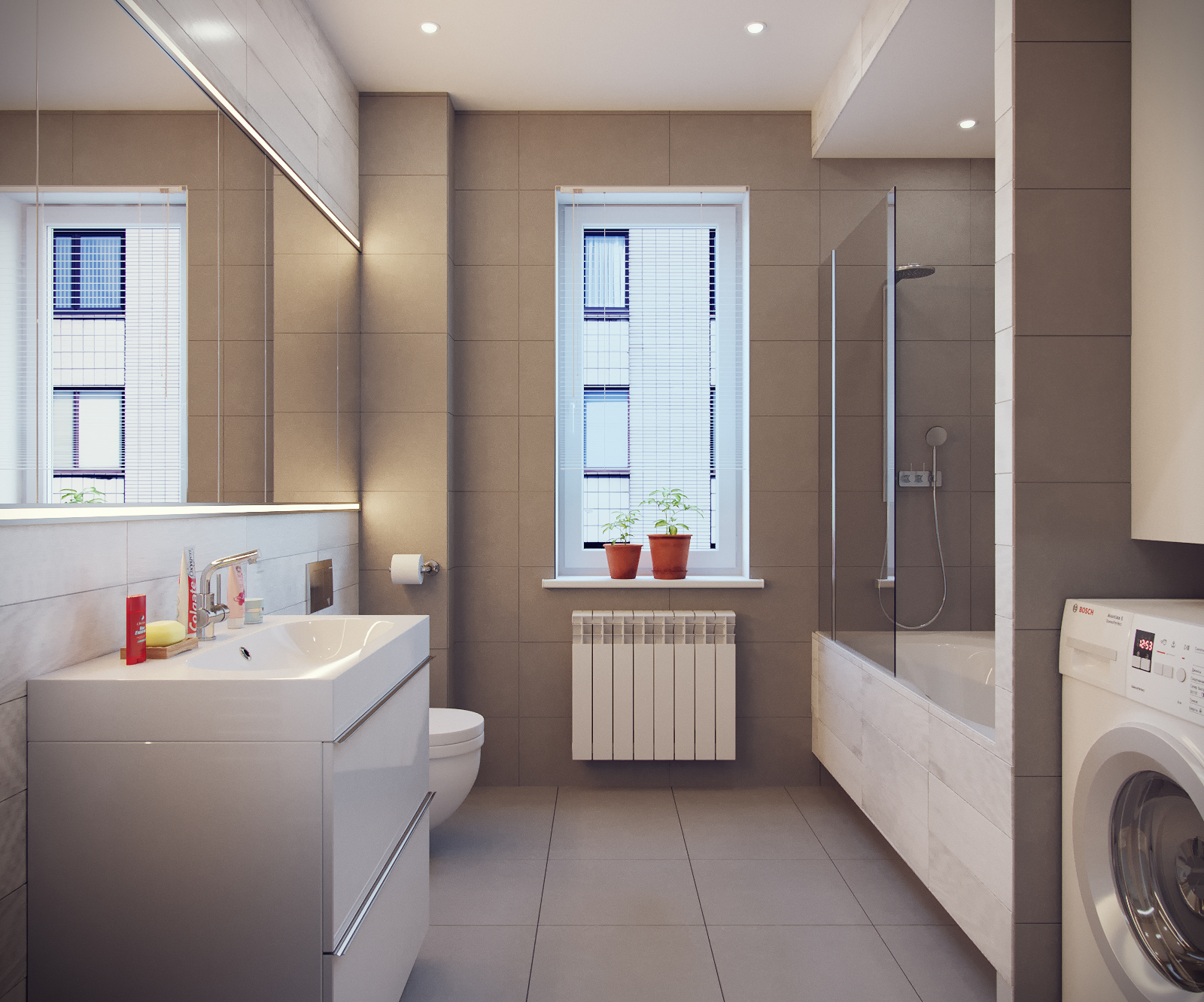 3D интерьера, Ванная комната площадью 10 кв.м. в стиле Контемпорари (нейтральная стилистика). Проект Ванная комната для пока еще холостяка - Квартира пока еще холостяка, Автор проекта: Дизайнеры Анастасия Шперлинг