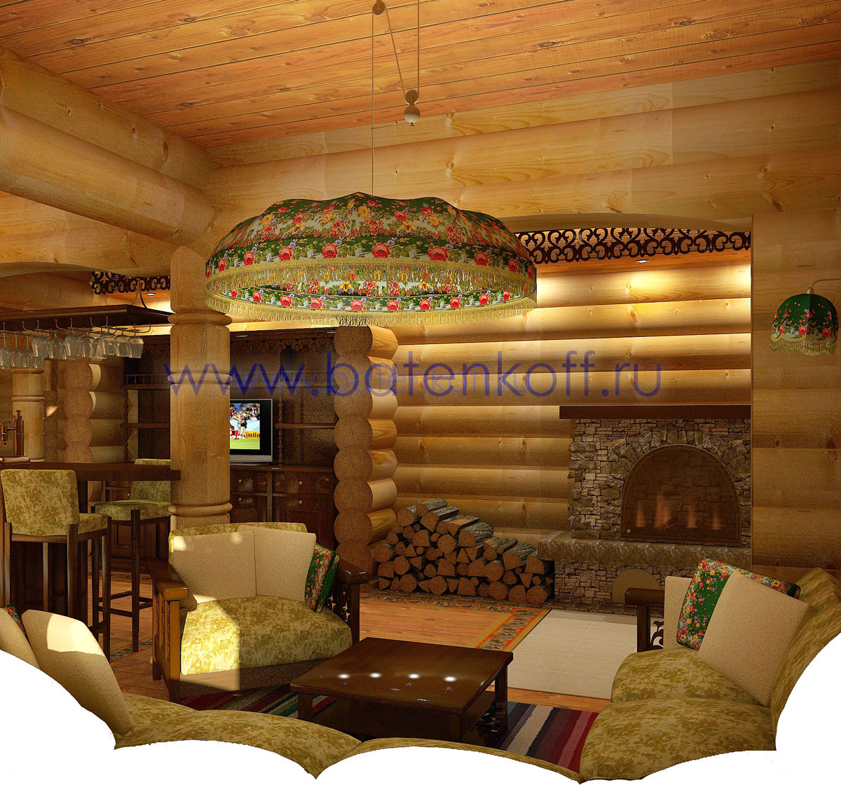3D интерьера, Комната отдыха Проект Комната отдыха - Дизайн интерьера бани в русском народном стиле, пос.Палникс, Автор проекта: Дизайнеры Дмитрий Батеньков