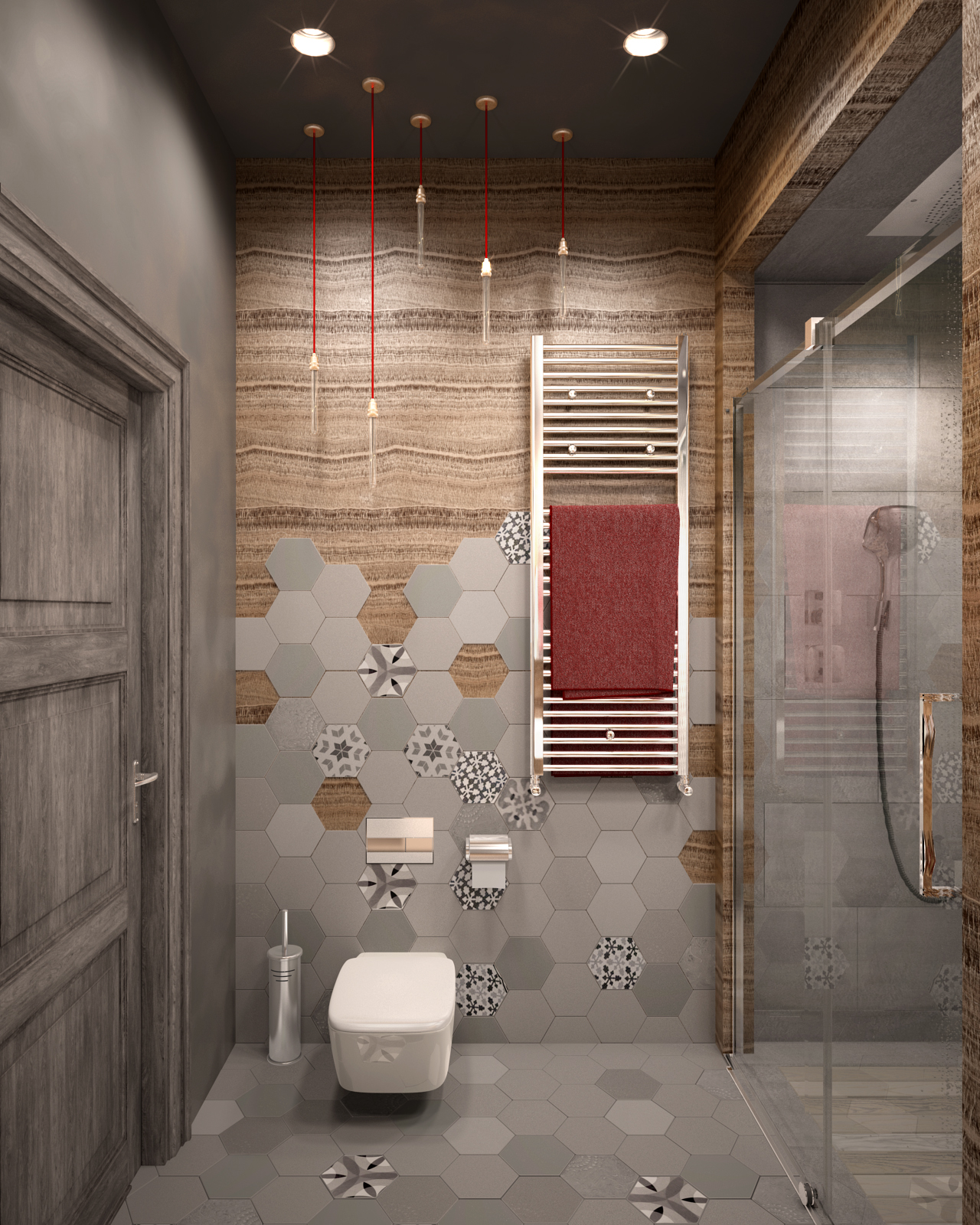 3D интерьера, Ванная комната площадью 5 кв.м. в стиле Шале (Швейцария). Проект Дом в стиле шале. - Дом в стиле шале под Калининградом, Автор проекта: Дизайнеры Анастасия Шперлинг