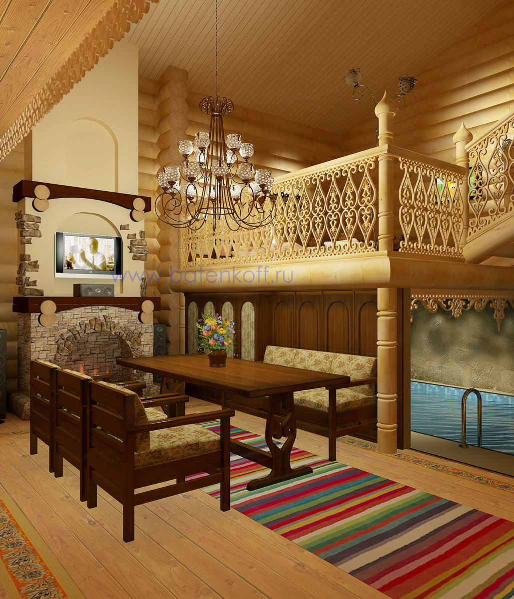 3D интерьера, Зал Проект Зал - Дизайн интерьера бани в русском народном стиле, пос.Палникс, Автор проекта: Дизайнеры Дмитрий Батеньков