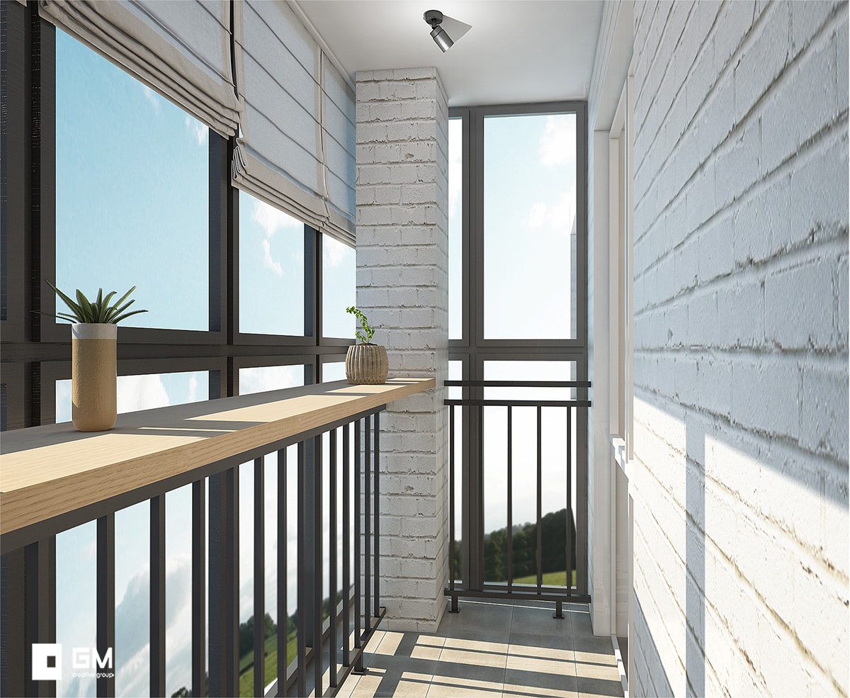 3D интерьера, Балкон площадью 43 кв.м. в стиле Скандинавский. Проект Дизайн компактной и вместительной однокомнатной квартиры в скандинавском стиле - Дизайн однокомнатной квартиры 43 кв. м — всё в одном с открытым характером, Автор проекта: Дизайнеры Gminterior Дизайнстудия