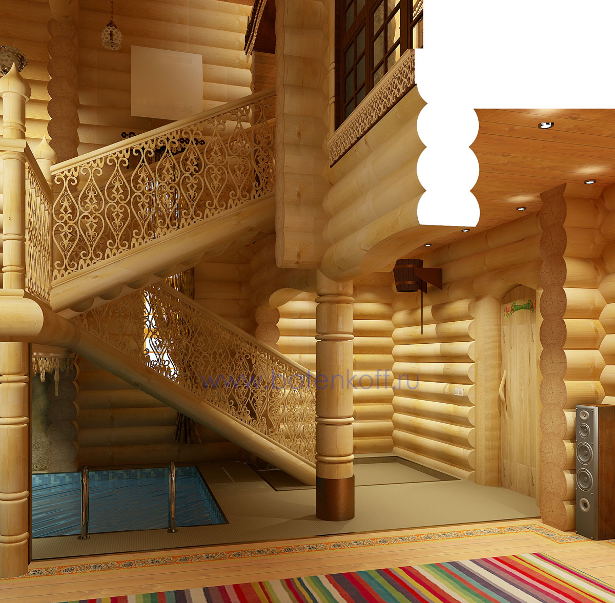 3D интерьера, Зал Проект Зал - Дизайн интерьера бани в русском народном стиле, пос.Палникс, Автор проекта: Дизайнеры Дмитрий Батеньков
